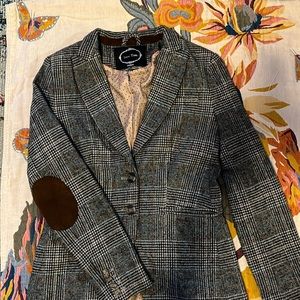 Grey Tartan Plaid Elbow Patch Blazer